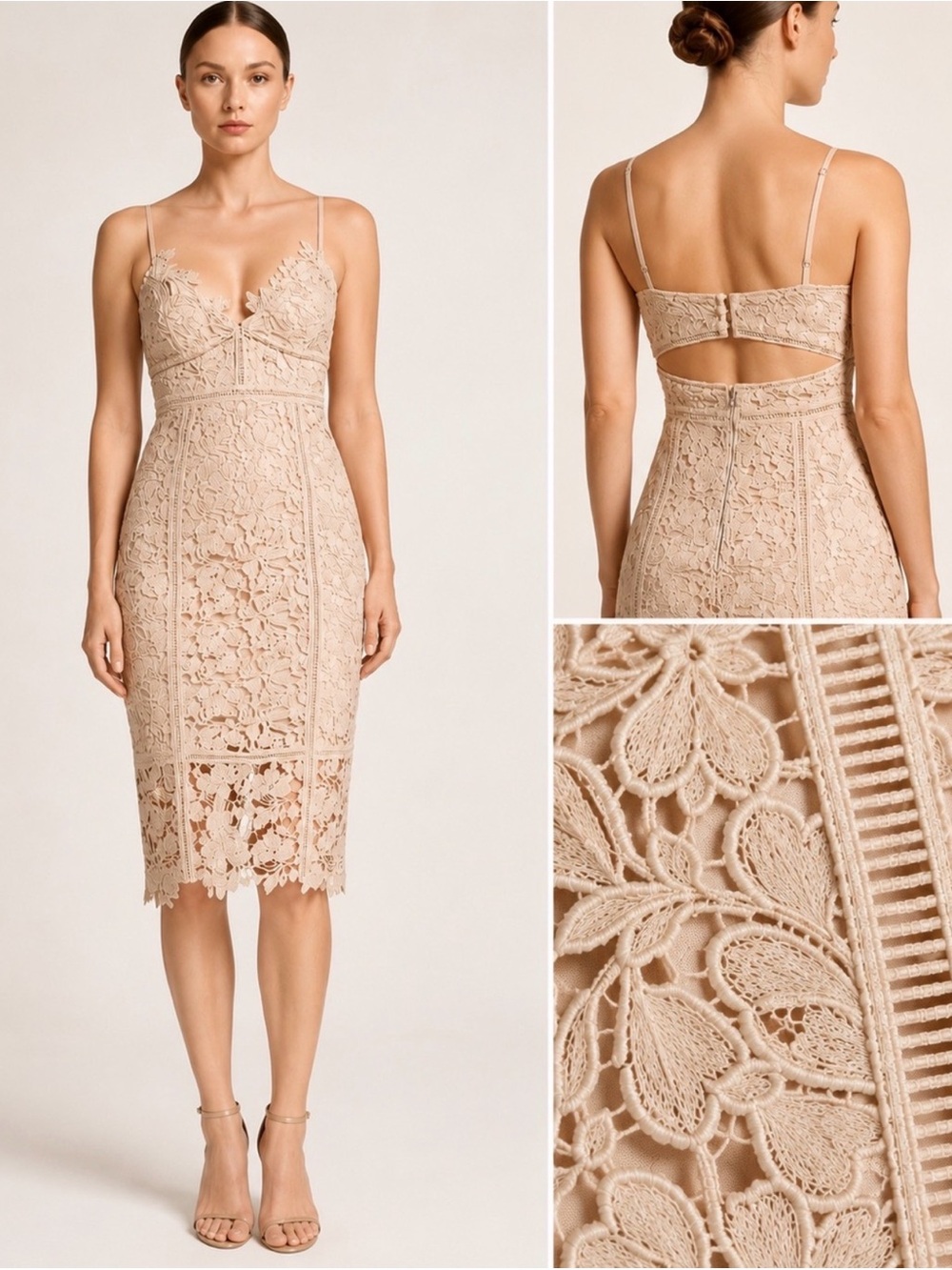 Bardot Floral Lace Midi Dress Size US 10 Beige Open Back Cocktail Dress